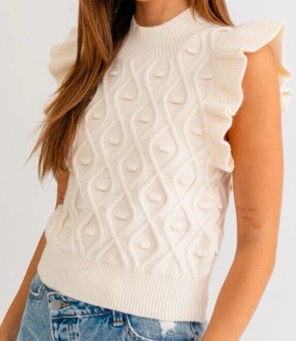 LE LIS Ivory Sweater Vest SZ Small Ruffle Mock Neck Knit Romantic Cottagecore